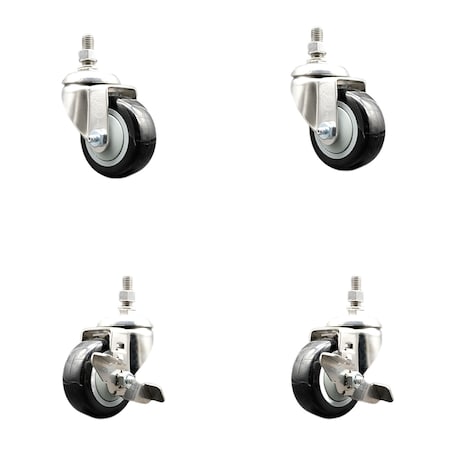 Service Caster 3 Inch 316SS Black Polyurethane Swivel 1/2 Inch Threaded Stem Caster Brakes, 2PK SS316TS20S314-PPUB-BLK-121315-2-TLB2